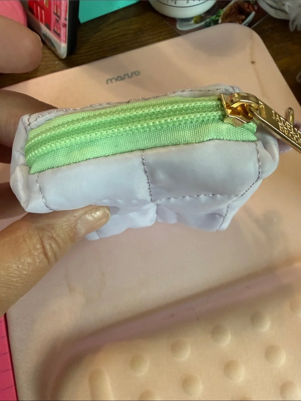 Jadelynn Brooke Quilted Lilac ear Bud Pouch with Green Zipper and Gold Hardware